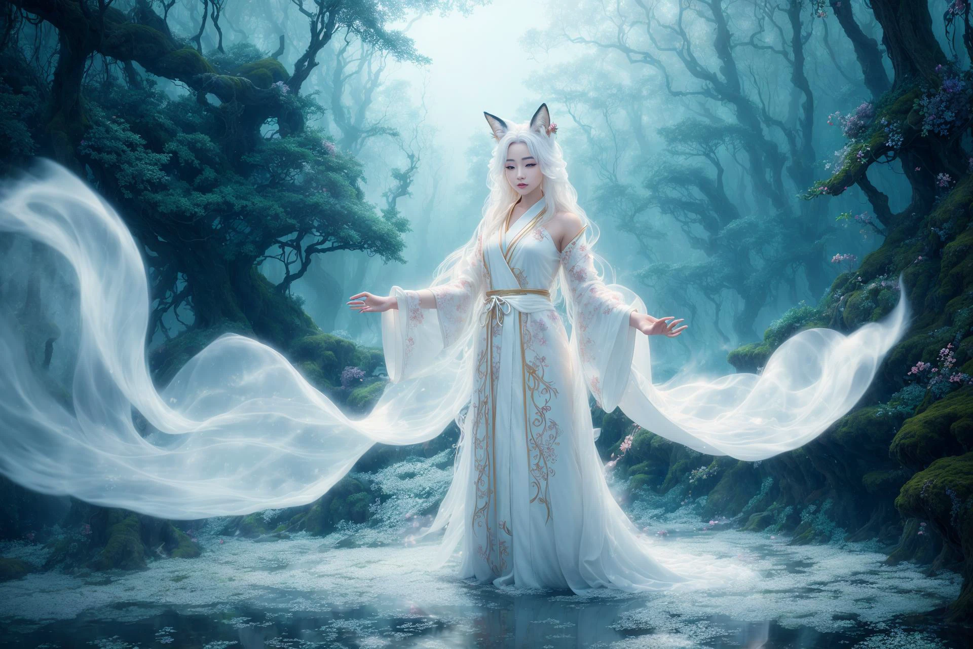 a beautiful and ethereal fox spirit dressed in a flowing white Chinese robe. The image captures the fox spirit standing gracefully on the water's surface, surrounded by white clouds and mist that lend an otherworldly quality to the scene. The fox spirit's long white hair and robes are swept up by the wind, adding movement and fluidity to the image. Use Midjourney's advanced brush tools to create intricate folds and textures in the fox spirit's robes and hair, and experiment with different color palettes and brush strokes to bring out the ethereal quality of the scene. The fox spirit's beauty is further enhanced by the way her image is sometimes obscured by the surrounding mist, giving the scene a sense of mystery and enchantment. With Midjourney's powerful tools, you can bring this captivating and ethereal scene to life with incredible detail and beauty.
hdr, (photorealism, masterpiece quality, best quality), , pureerosface_v1,ulzzang-6500-v1.1,