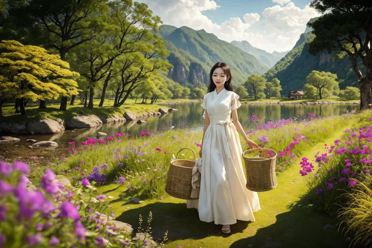 In a still image, a tranquil lake houses ancient ruins at its center, covered in wildflowers, grasses, moss, and fungi. Amidst this captivating scene, a young Chinese girl in traditional attire gathers mushrooms, her bamboo basket on her back, as butterflies flit around her, creating a sense of harmony and mystery.
hdr, (photorealism, masterpiece quality, best quality),  pureerosface_v1,  pureerosface_v1,