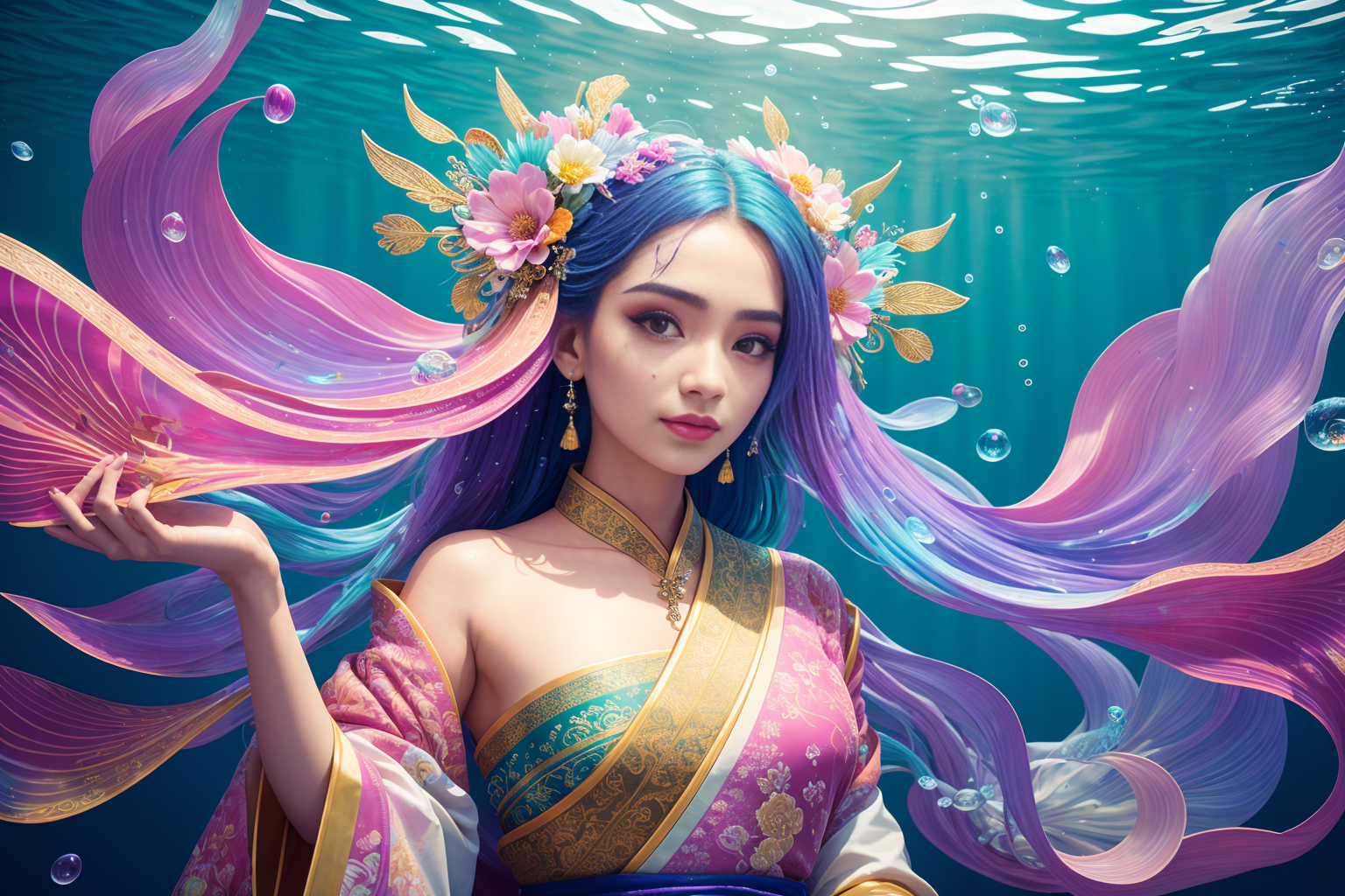 A woman with long hair and a flower crown in a blue and purple dress ...