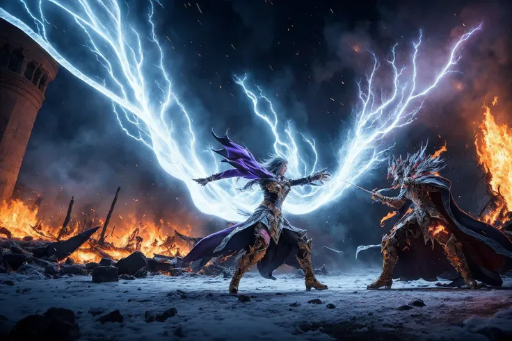 The ultimate battle between two powerful wizards is about to unfold - on one side, a brilliant mage who controls the raging flames, and on the other, a beautiful enchantress who commands the freezing ice. As they face each other, sparks of magic crackle and dance around them, signaling the start of a breathtaking spectacle.
The fire wizard summons a blazing inferno that engulfs the arena, and the ice mage retaliates with a blizzard that sends ice crystals flying in every direction. The air becomes thick with smoke, steam, and frost as the two forces collide in a dazzling display of power.
The fire wizard unleashes a barrage of fireballs that burst upon impact, sending molten embers and fiery debris raining down upon the ice mage. But the ice mage is quick to counter with a wall of ice that repels the attack, and retaliates with a barrage of ice shards that pierce through the flames.
The battle rages on, with each wizard unleashing increasingly impressive spells. Fire tornadoes, ice storms, lightning bolts, and more erupt from their wands, each more magnificent and awe-inspiring than the last. The sound of their spells colliding echoes across the arena, as the very ground shakes and trembles beneath their feet.
As the battle nears its climax, both wizards prepare to unleash their ultimate spell. The fire wizard calls forth a raging inferno that towers high into the sky, while the ice mage unleashes a blizzard so fierce it threatens to bury everything in its path. The two spells collide in a deafening explosion, and for a moment, it seems as if the entire world is engulfed in a blinding blaze of light and snow.
When the dust settles, the two wizards stand facing each other, breathing heavily and battered from the intense battle. The air is thick with smoke, steam, and frost, but the arena is still standing, a testament to the power and skill of these two extraordinary wizards.
hdr, (photorealism, masterpiece quality, best quality),