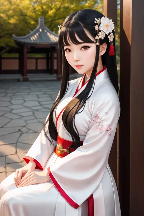 extremely detailed  face, beautiful detailed eyes,light on face,1girl,full body,looking at viewer,outdoors,Black hair,(Chinese architecture:0.05),hanfu,white theme,