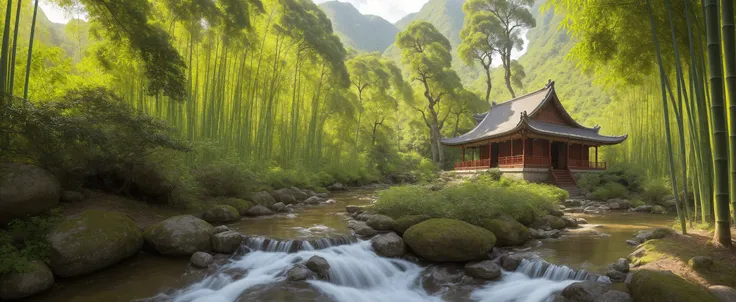 In the majestic mountain ranges of China, the dense mist and clouds encircle the ancient, weathered Chinese buildings that stand amidst the landscape, as if guarding secrets of the past. The air is heavy with the rich fragrance of pine trees and the tranquil rustling of bamboo leaves.
Amidst the bamboo groves, a small stream winds its way down the mountain, its gentle currents creating soothing ripples that blend harmoniously with the rustling of the leaves. The sound of trickling water mingles with the sweet songs of birds and the gentle hum of insects, forming a symphony of nature's beauty.
In the heart of the bamboo forest, a stunning Chinese beauty stands, her traditional silk dress flowing gently in the breeze. Her graceful form, radiant and captivating, adds to the idyllic setting. She gazes out into the wilderness with a peaceful expression, as if lost in thought amidst the serene surroundings.
The scenery is one of quiet contemplation, a peaceful haven amidst the rugged mountains, where the beauty of nature is celebrated and revered.
hdr, (photorealism, masterpiece quality, best quality),