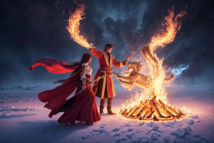 The ultimate showdown has begun! In a vast open plain, two magic wizards stood facing each other. One is a genius magic wizard who controls fire, dressed in a red robe, with a proud temperament, fiery eyes, and flames surrounding his body, emitting scorching energy. The other is a beautiful magic wizard who controls ice, dressed in a white gown, with a cold and stunning face, holding a magic wand, and a magic halo shining, with countless ice blocks flying up, her eyes full of determination and confidence.
The two began to release magic, and the flames and ice intertwined together. The magic light burst in the air, exploding into countless sparks and ice crystals. The flames swept in, burning the ground into a sea of fire, while the ice covered the entire plain, turning it into a white snowfield. Their magic intertwined, turning this plain into a magical world, gorgeous beyond words.
The fire wizard released fierce flames and rushed towards the beautiful wizard, while the beautiful wizard released sharp ice blades, colliding with the flames, making a huge explosion. The two fought fiercely, their figures quickly shuttling in the air, releasing gorgeous magic, creating a breathtakingly beautiful scene.
Finally, the beautiful wizard condensed a giant ice dragon, while the fire wizard summoned a flame phoenix. The two powerful magic creatures confronted each other, creating a dazzling light in the sky. In the end, the cold air condensed by the ice dragon froze the wings of the flame phoenix, and the fire wizard could no longer control the flames, ultimately being defeated by the beautiful wizard. The beautiful wizard emerged victorious, holding the magic wand, her body surrounded by magic light, like a magic goddess, the entire scene full of mystery and gorgeousness.
hdr, (photorealism, masterpiece quality, best quality),