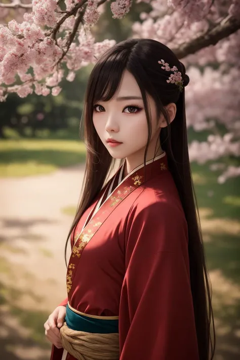 1girl,looking at viewer,beautiful detailed eyes,red theme,(hanfu),light on face,cinematic lighting,upper body, cowboy shot, outdoors,solo,cherry tree,