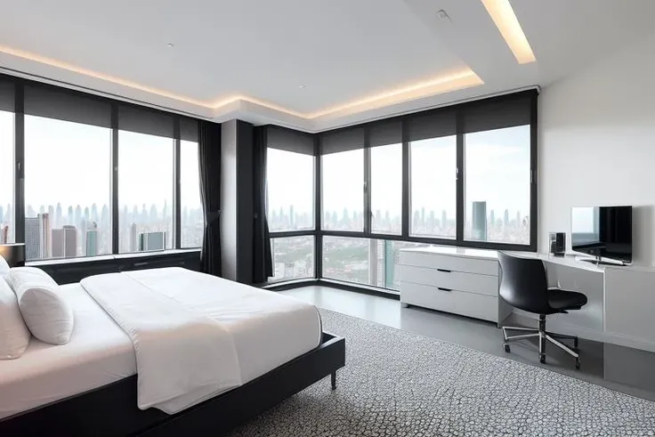 masterpiece, best quality,
The bedroom is sleek and minimalist, with a queen-sized bed in the corner. The bed has a black leather headboard and a gray duvet, creating a contrast with the white walls. The walls are bare, except for a large flat-screen TV and a digital clock. The floor is polished concrete, with a black and white geometric rug under the bed. There is a glass desk and a swivel chair on the opposite wall, where you can work or surf the internet. There is also a built-in closet, a sliding door and a smart mirror, all controlled by voice or touch. There is a small window on the ceiling, with an automatic blind that can adjust the light and temperature. The window offers a panoramic view of the city skyline, where you can see skyscrapers and neon lights. The bedroom is a futuristic and functional space, where you can enjoy your technology and privacy.