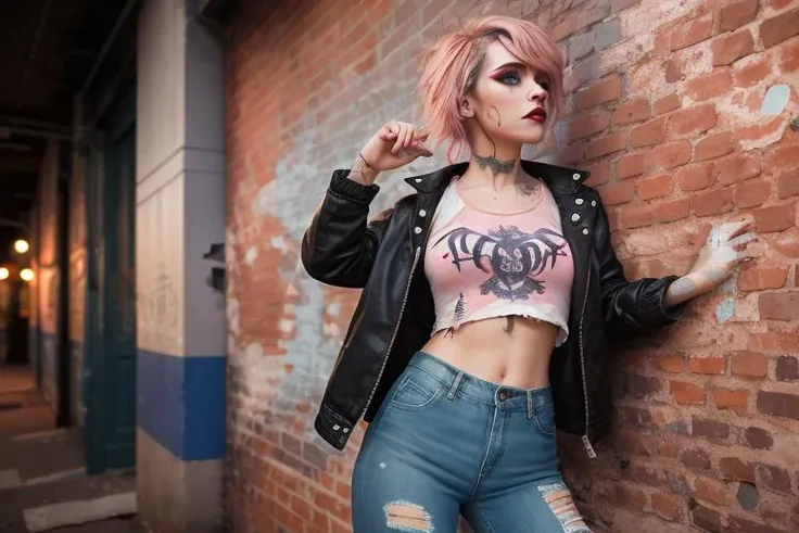 best quality, upper body,intricate details, chromatic aberration,1girl, pixie hair, pink hair, messy hair, cinematic lighting, gothic makeup, sharp eyes,croptop, torn jeans legwear, open jacket,against wall, brick wall, graffiti, dim lighting, alley