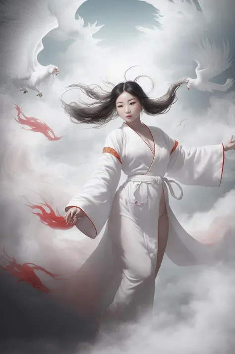 1 girl,(white Chinese robe),
In a captivating scene, a beautiful woman adorned in a flowing white Chinese robe soars through the misty clouds on the back of a majestic Chinese phoenix. The wind gently lifts her robe, accentuating the sense of flight as they gracefully navigate the ethereal cloudscape.