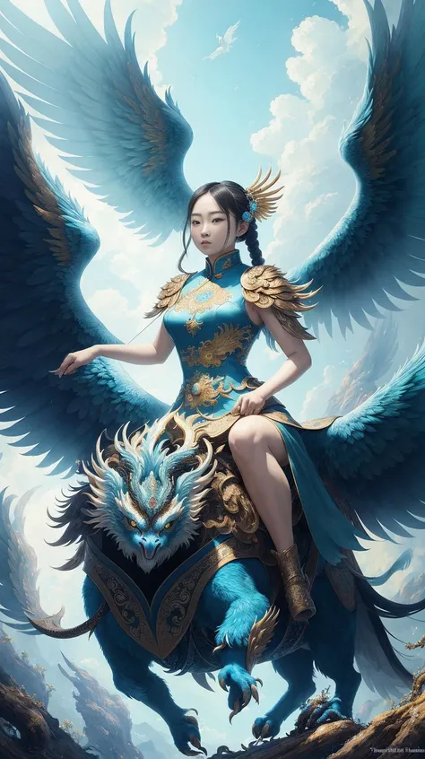 (one chinese girl on a phoenix beast),dark white and sky-blue, imaginative illustration, meticulous details, mythological references, fresco paintings, otherworldly beings, dark white and aquamarine, high resolution,unique illustrations,dense composition, detailed painting, ultrafine detail,
hdr, (photorealism, masterpiece quality, best quality), pureerosface_v1