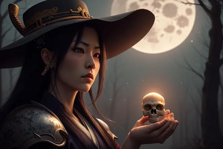 ((best quality)), ((masterpiece)), (detailed), portrait, female samurai, mystical, night, dark deep forest, (glowing skull in hand:1.2), cinematic, armor, determined expression, traditional hairstyle, moonlight, (shadows:1.2), subtle glow, 16:9 aspect ratio, close-up view.