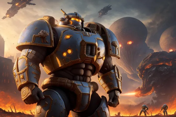strong man, masterpiece, space marine,(Epic armor, metal reflections), hdr, best quality, uhd, 8k resolution, best light, realistic, detailed background, detailed face, detailed hands, full body, (city ruins)(open field surrounded by fire), (alien planet), (spaceships flying in the sky)
