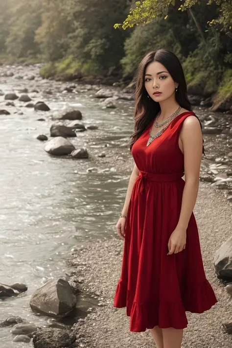 No-one42 a woman, she is wearing red dress, jewelry, standing near a river, modelshoot style, extremely detailed CG unity 8k wallpaper, 8k uhd, dslr, soft lighting, high quality, film grain, Fujifilm XT, ((realistic))