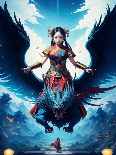 a painting with one chinese girl on a thronesurrounded by the phoenix beast, in the style of dain yoon, dark white and sky-blue, detailed crowd scenes, imaginative illustration, meticulous details, mythological references, action paintings::3 a painting with one chinese girl on a thronesurrounded by the phoenix beast, in the style of unique yokai illustrations, fresco paintings, otherworldly beings, kushan empire, dark white and aquamarine, high resolution, dau-al-set::5 a painting with one chinese girl on a thronesurrounded by the phoenix beast, dark white and aquamarine, unique yokai illustrations, dau al set, high resolution::2 a painting with one chinese girl on a thronesurrounded by the phoenix beast, dense composition, playful repetitions, dark white and light blue, detailed painting, unique yokai illustrations, ultrafine detail::4 --ar 1:2 --v 5 --q 2 --s 1000