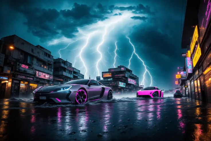((best quality)), ((masterpiece)), (detailed), a photo of a beautiful cyberpunk sorceress, beautiful face, full body shot, long flying hair, long legs, medium breasts, carries a wand, wand has pink lightning, (dramatic pose:1.5), (heavy rain:1.3), (lightning and thunderstorm:1.2), dystopian futuristic dark city at night, pink and light blue city lights, futuristic robotic cars, flying dangerous drones visible in the background, intricate, side light, ultra high res, professional lighting