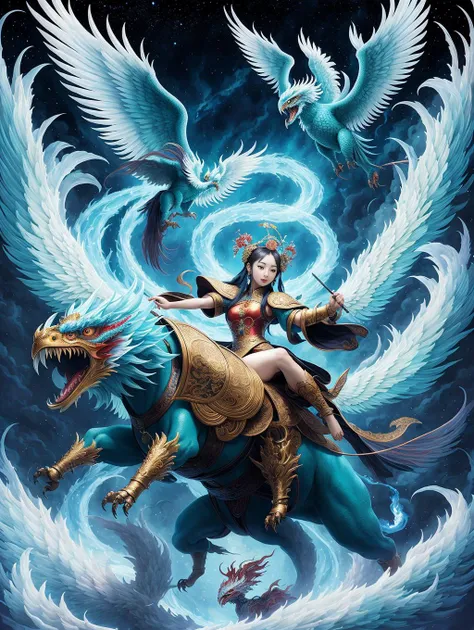 a painting with one chinese girl on a thronesurrounded by the phoenix beast, in the style of dain yoon, dark white and sky-blue, detailed crowd scenes, imaginative illustration, meticulous details, mythological references, action paintings::3 a painting with one chinese girl on a thronesurrounded by the phoenix beast, in the style of unique yokai illustrations, fresco paintings, otherworldly beings, kushan empire, dark white and aquamarine, high resolution, dau-al-set::5 a painting with one chinese girl on a thronesurrounded by the phoenix beast, dark white and aquamarine, unique yokai illustrations, dau al set, high resolution::2 a painting with one chinese girl on a thronesurrounded by the phoenix beast, dense composition, playful repetitions, dark white and light blue, detailed painting, unique yokai illustrations, ultrafine detail::4 --ar 1:2 --v 5 --q 2 --s 1000