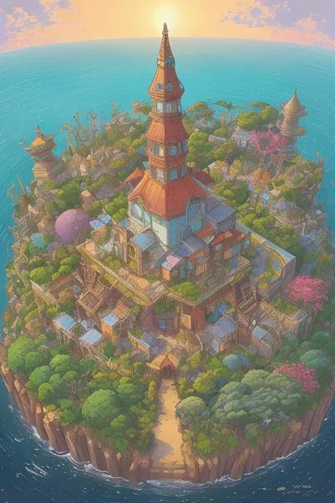 Shot from a birds eye view angle is a detailed ocean with a small greenhouse with lots of plants on a small island in the style of Studio Ghibli, krenz cushart art, by relseiy, by miho hirano, (((night))), (((landscape))), vibrant colors, volumetric lighting, ((space)), high detail, 8k, hdr, uhd, professional drawing, anime, Studio Ghibli artwork