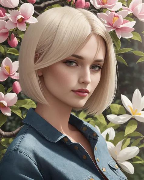 pretty 1girl, absurdres, 8k uhd, platinum blonde hair, bob cut, medium breasts, black tshirt, denim shorts, garden background, flowers, magnolias, apple tree, close up portrait