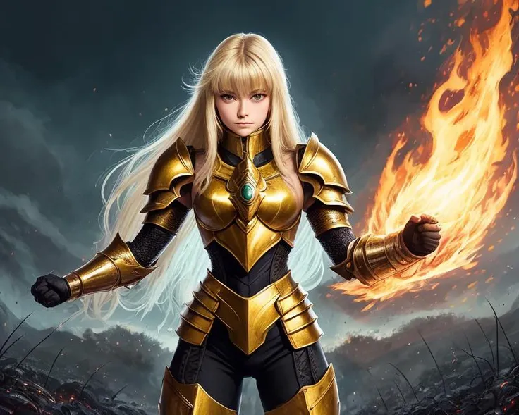(1girl), wearing a heavy knight armor, dark armor, intricate black and gold armor details, intricate beautiful green fields, legendary, futuristic, saint seiya, long blonde hair, muscular, power pose, highly detailed background, fire in the eyes, aura power, highly detailed