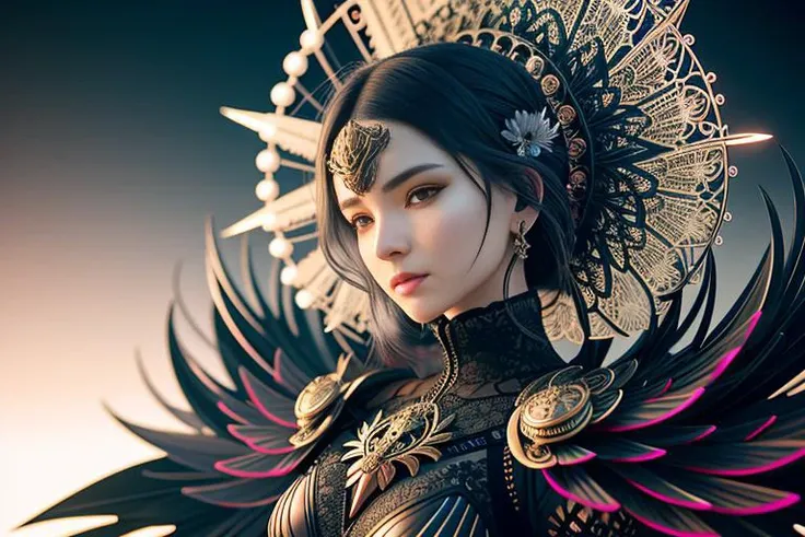 complex 3d render ultra detailed of a beautiful death angel, biomechanical cyborg, analog, 150 mm lens, beautiful natural soft rim light, big leaves and stems, roots, fine foliage lace, colorful details, samourai, Boris Bidjan Saberi outfit, pearl earring, piercing, art nouveau fashion embroidered, intricate details, mesh wire, mandelbrot fractal, anatomical, facial muscles, cable wires, microchip, badass, hyper realistic, ultra detailed, octane render,  volumetric lighting, 8k post-production, red and white with a bit of black, detailled metalic bones, semi human, iridescent colors, Glenn Brown style, white room, power of the god, high-angle shot, complex body poses