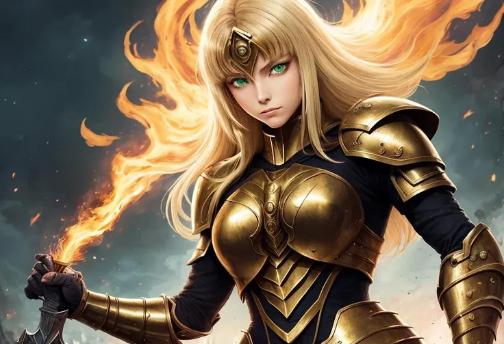 (1girl), wearing a heavy knight armor, dark armor, intricate black and gold armor details, intricate beautiful green fields, legendary, futuristic, saint seiya, long blonde hair, muscular, power pose, highly detailed background, fire in the eyes, aura power, highly detailed