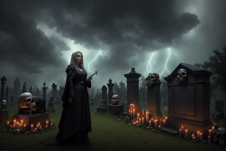 ((Best quality)), ((masterpiece)), ((realistic)), ((beautiful female wizard)) , in a deserted graveyard, during a violent thunderstorm, at midnight, wearing robes and ((holding skulls)), casting spells to summon the spirits of the dead, blood dripping from their fingertips, on eye level, scenic, masterpiece.