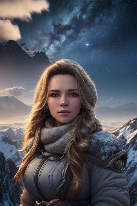 <lora:vkolmakova:0.85>,{best quality}, Ultra HD, cinematic ray, depth of field, (upper half body shot:1.2) of beautiful woman vkolmakova, winter, cloud over mountain, mountains, cloud, starry night sky, cinematic ray, sharp details, CGSociety, ArtStation, hdr,