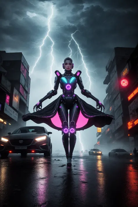 ((best quality)), ((masterpiece)), (detailed), a photo of a beautiful cyberpunk sorceress, beautiful face, full body shot, long flying hair, long legs, medium breasts, carries a wand, wand has pink lightning, (dramatic pose:1.5), (heavy rain:1.3), (lightning and thunderstorm:1.2), dystopian futuristic dark city at night, pink and light blue city lights, futuristic robotic cars, flying dangerous drones visible in the background, intricate, side light, ultra high res, professional lighting