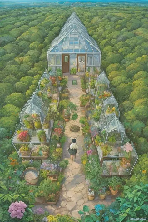 Shot from a birds eye view angle is a detailed ocean with a small greenhouse with lots of plants on a small island in the style of Studio Ghibli, krenz cushart art, by relseiy, by miho hirano, (((night))), (((landscape))), vibrant colors, volumetric lighting, ((space)), high detail, 8k, hdr, uhd, professional drawing, anime, Studio Ghibli artwork