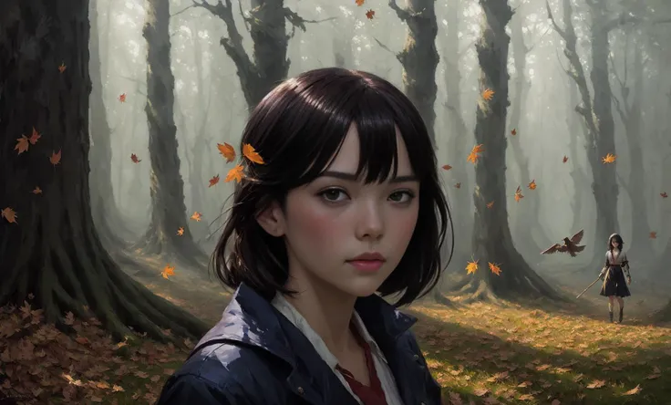 close up portrait of mononoke hime, woman, falling leafs, forest creatures in the background, professional majestic oil painting by Ed Blinkey, Atey Ghailan, Studio Ghibli, by Jeremy Mann, Greg Manchess, Antonio Moro, Intricate, High Detail, Sharp focus, dramatic, photorealistic painting art by midjourney and greg rutkowski