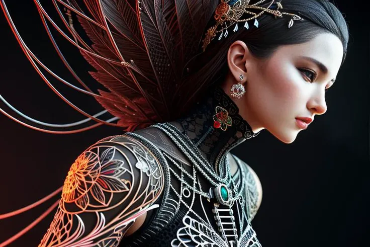 complex 3d render ultra detailed of a beautiful death angel, biomechanical cyborg, analog, 150 mm lens, beautiful natural soft rim light, big leaves and stems, roots, fine foliage lace, colorful details, samourai, Boris Bidjan Saberi outfit, pearl earring, piercing, art nouveau fashion embroidered, intricate details, mesh wire, mandelbrot fractal, anatomical, facial muscles, cable wires, microchip, badass, hyper realistic, ultra detailed, octane render, volumetric lighting, 8k post-production, red and white with a bit of black, detailled metalic bones, semi human, iridescent colors, Glenn Brown style, white room, power of the god, high-angle shot, complex body poses
