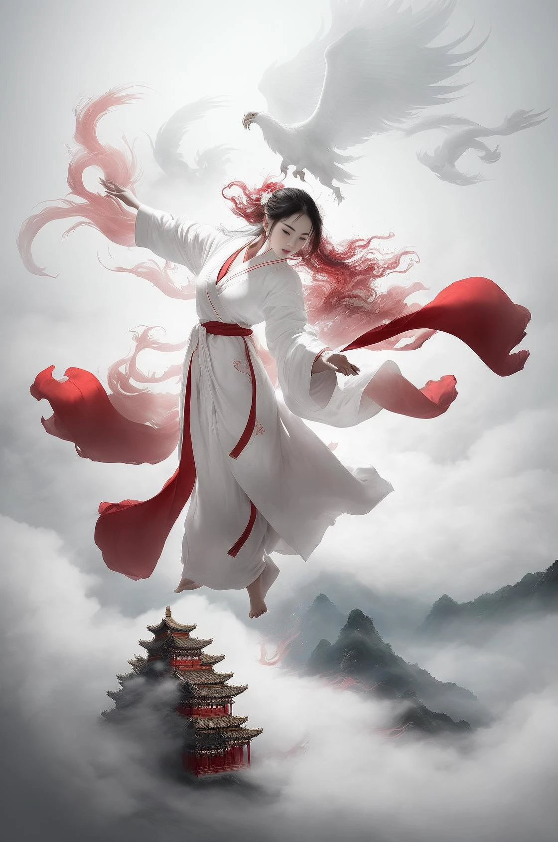 1 girl,(white Chinese robe),
In a captivating scene, a beautiful woman adorned in a flowing white Chinese robe soars through the misty clouds on the back of a majestic Chinese phoenix. The wind gently lifts her robe, accentuating the sense of flight as they gracefully navigate the ethereal cloudscape.