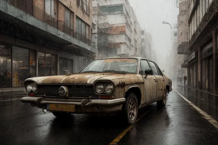 masterpiece, best quality, vehicle,street,(syberpunk:1.3),rain,