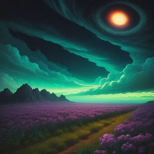 illustration of jupiter clouds by dan mumford, alien landscape and vegetation, epic scene, a lot of swirling clouds, high exposure, highly detailed, realistic, vibrant blue tinted colors, uhd