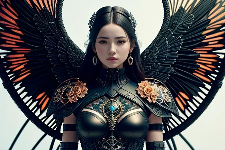 complex 3d render ultra detailed of a beautiful death angel, biomechanical cyborg, analog, 150 mm lens, beautiful natural soft rim light, big leaves and stems, roots, fine foliage lace, colorful details, samourai, Boris Bidjan Saberi outfit, pearl earring, piercing, art nouveau fashion embroidered, intricate details, mesh wire, mandelbrot fractal, anatomical, facial muscles, cable wires, microchip, badass, hyper realistic, ultra detailed, octane render, volumetric lighting, 8k post-production, red and white with a bit of black, detailled metalic bones, semi human, iridescent colors, Glenn Brown style, white room, power of the god, high-angle shot, complex body poses