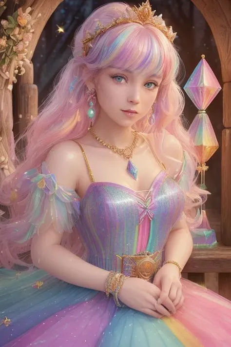 masterpiece, (((best quality))), highly detail eyes, (perfect eyes), beautiful eyes, both eyes are the same, smooth, perfect face, extremely detailed 8K, high resolution, ultra quality, glare, Iridescent, Global illumination, real hair movement, realistic light, realistic shadow, perfect quality, detailed shadow and light, pixar, ((FANTASY)), ((MAGIC)), (sakimichan), ((cinematic light)), colorful, hyperdetail, dramatic light, intricate details, best quality, (extremely detailed CG unit 8k wallpaper, masterpiece, best quality, ultradetailed, best shadow), (detailed background: 1.4), (beautiful and detailed face, beautiful detailed eyes), High contrast, (better lighting, extremely delicate and beautiful) beautiful and detailed brightness, 3D, HIPER quality, 2K, 3K, 5K, 6K, 7K, 8K one young girl sitting on the bridge, ((((SMOOTHNESS, CLEAN IMAGE)))), ((cute eyes)), colorful
pink hair, medium hair, green blue eyes, (((((Long dress detailed glitter pastel rainbow crystal princess dress ))))), ((((Big chic princess dress))), ((rainbow feathers)), (((flowers,))) , ((shiny crystal shoes)), ((gold accessories, gold earrings, flower accessories, pearl accessories))
LAKE, BRIDGE, (((CLOCK))) MIRROR WATER, (((FLOWERS IN THE LAKE))), FOUNTAIN, (((LIGHTS SHINING IN THE LAKE))), BUSHES, NATURE
(((WOOD, BLUE CRYSTALS ON WOOD, PEARLS ON WOOD))), (((blue crystals))), ((((MAGIC LIBRARY)))), (((FOREST)))
((magical ancient place))
