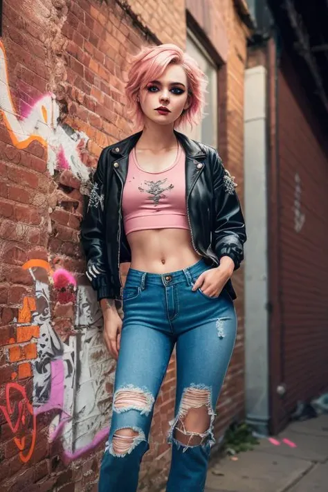 best quality, upper body,intricate details, chromatic aberration,1girl, pixie hair, pink hair, messy hair, cinematic lighting, gothic makeup, sharp eyes,croptop, torn jeans legwear, open jacket,against wall, brick wall, graffiti, dim lighting, alley
