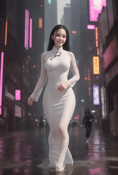 (night),(see-through:1.2),no bra,no panties, no underwear,wearing a (white aodai:1.3),running,straight-on,seductive smile,long  dark hair,(full body:1.1), (cyberpunk background:1.2), outdoors, 
(rain:1.1, wet, wet hair, ) ,huge breasts,