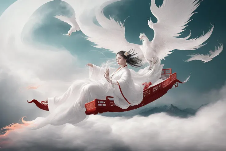 (rides phoenix),(1 girl),(white Chinese robe),
In a captivating scene, a beautiful woman adorned in a flowing white Chinese robe soars through the misty clouds on the back of a majestic Chinese phoenix. The wind gently lifts her robe, accentuating the sense of flight as they gracefully navigate the ethereal cloudscape.