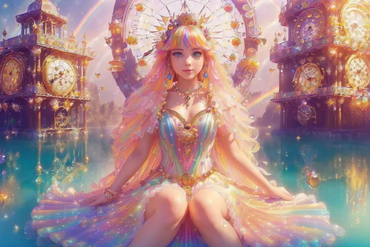 1girl, ((cinematic light)), colorful, hyper detail, dramatic light, intricate details, best quality, (extremely detailed CG unity 8k wallpaper, masterpiece, best quality, ultra-detailed, best shadow), (detailed background:1.4), (beautiful detailed face, beautiful detailed eyes), High contrast, (best illumination, an extremely delicate and beautiful),(girl:1.5), cowboy shot, masterpiece, (((best quality))) (((PERFECT QUALITY))), (((highly detail eyes))), (((highly detail))), (((((perfect eyes))))), (((((((beautiful eyes))))))), both eyes are the same, smooth, (((((perfect face))))), ((((extremely detailed 8K)))), high resolution, ultra quality, glare, Iridescent, Global illumination, real hair movement, realistic light, realistic shadow, perfect quality, detailed shadow and light, pixar, ((FANTASY)), ((MAGIC)), 3D, ((HIPER quality)), (((2K, 3K, 5K, 6K, 7K, 8K,))), ((detailed, good quality))
(((cute and delicate girl SITTING ON THE BRIDGE)))), ((light orange hair))), ((long hair)), ((kawaii)), ((((cute eyes)))) , ((kawaii eyes))
((((Princess)))), (((Princess crown))),
((((Long detailed glitter RAINBOW COLORFULL feather crystal princess dress)))), ((((((LONG BIG RAINBOW COLORFULL chic princess dress))))))
((shiny crystal shoes)), ((gold accessories, gold earrings, flower accessories, pearl accessories)),((happy expression)),
((SHINES, SPARKLES)), GOLD, ((sparkles)), ((shiny butterflies flying)), (feathers)
LAKE, BRIDGE, (((((CLOCK))))), MIRROR WATER, (((((FLOWERS IN THE LAKE))))), FOUNTAIN, (((LIGHTS SHINING IN THE LAKE))), BUSHES, NATURE
(((WOOD, BLUE CRYSTALS ON WOOD, PEARLS ON WOOD))), (((blue crystals))), ((((MAGIC LIBRARY)))), (((FOREST)))
(((((magical ancient place)))))