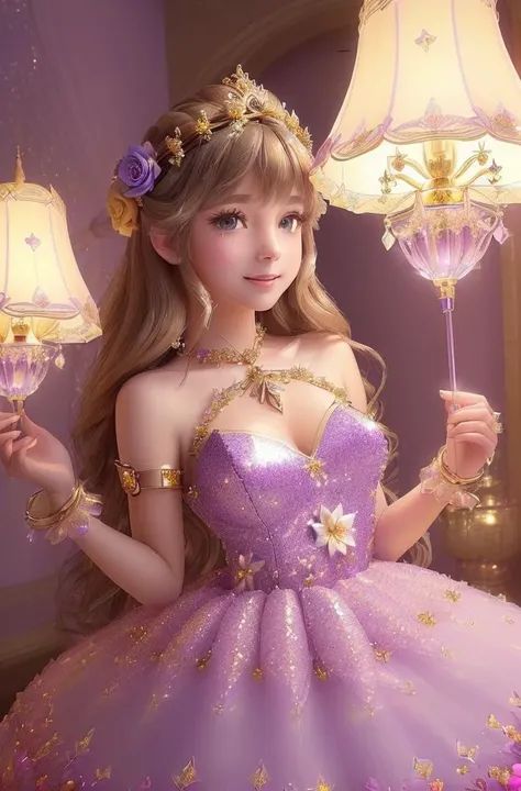 masterpiece, (((best quality))), ((highly detail eyes)), ((perfect eyes)), ((((beautiful eyes)))), both eyes are the same, smooth, (((((perfect face))))), extremely detailed 8K, high resolution, ultra quality, glare, Iridescent, Global illumination, real hair movement, realistic light, realistic shadow, perfect quality, detailed shadow and light, pixar, ((FANTASY)), ((MAGIC)), (((cinematic light))), colorful, hyperdetail, dramatic light, intricate details, best quality, (extremely detailed CG unit 8k wallpaper, masterpiece, best quality, ultradetailed, best shadow), (detailed background: 1.4), (beautiful and detailed face, beautiful detailed eyes), High contrast, (better lighting, extremely delicate and beautiful) beautiful and detailed brightness, 3D, HIPER quality, 2K, 3K, 5K, 6K, 7K, 8K,
((((cute and delicate girl)))), ((((light brown hair))))),((medium hair)), ((((kawaii)))), ((cute eyes))) , ((((kawaii eyes))))
((((Princess)))), ((((Princess flower crown))))
(((((LONG FLOWER BIG KAWAII dress detailed glitter pastel PURPLE crystal princess dress))))),
shiny crystal shoes, ((gold accessories, gold earrings, flower accessories, pearl accessories)),((happy expression)), (((((blue crystals)))))
((((INTERIOR OF THE CASTLE, CASTLE ROOM WITH FLOWERS, CASTLE ROOM WITH SUNSHINE, COZY CASTLE, BRIGHT CASTLE, CASTLE ROOM WITH LAMPS, PILLOWS))), ((WATER FOUNTAIN WITH ROSE FLOWERS))))
(((SHINES, SPARKLES)), GOLD, (((sparkles))), ((shiny butterflies flying)),