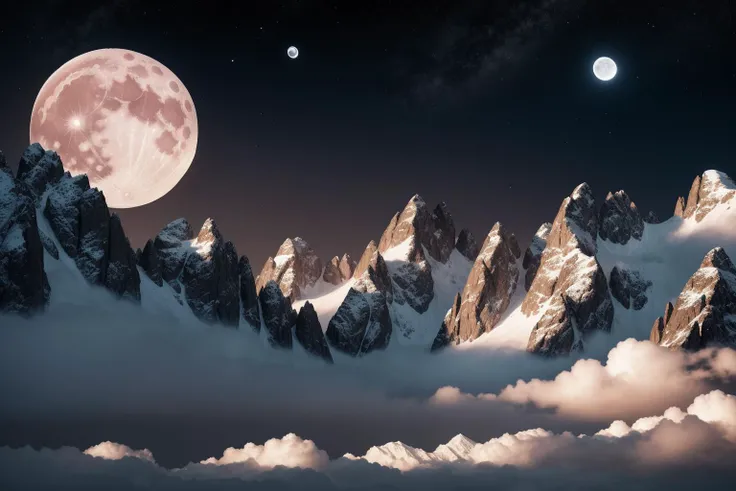 mountain ranges with the moon in the sky, light clouds lit by the moon, dark lighting, moody lighting, caustics, 8k, hyperrealistic, realistic, hdr, realism