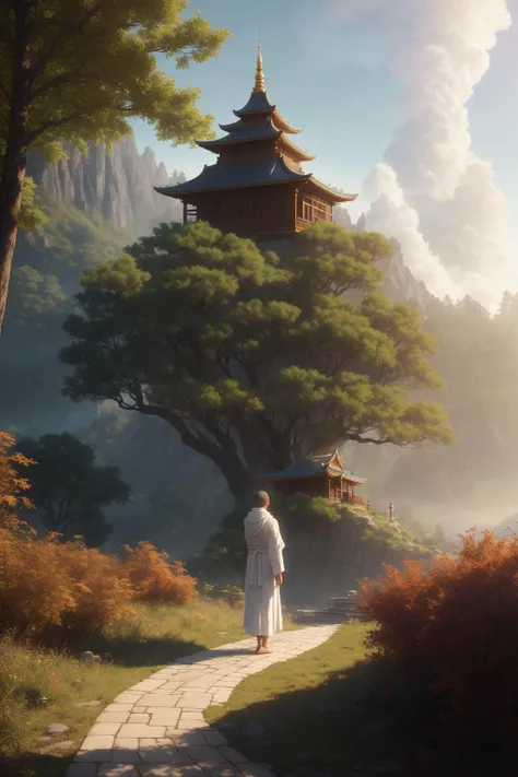 a monk is meditating, wearing a white robe in the temple, the temple is in the forest, raw photo, surreal photo, unreal engine 4, 8k, super sharp, detailed colors, wide color coverage , extreme scene detail, shading, anti-aliasing, error detail smoothing,raw photo, surreal image, unreal engine 4, 8k, super sharp, detailed colors, wide color coverage, extremely high scene detail, shading, anti-aliasing, error detail smoothing, raw photo, surreal photo, unreal engine 4.8k, super sharp, detailed color, wide color coverage, scene detail extremely tall object , (8k, RAW photo, best quality, masterpiece:1.2), (realistic, photo-realistic:1.37),modelshoot style, (extremely detailed CG unity 8k wallpaper),professional majestic oil painting by Ed Blinkey, Atey Ghailan, Studio Ghibli, by Jeremy Mann, Greg Manchess, Antonio Moro, trending on ArtStation, trending on CGSociety, Intricate, High Detail, Sharp focus, dramatic, photorealistic painting art by midjourney and greg rutkowski, scene detail extreme objects, shading, anti-aliasing, error detail smoothing