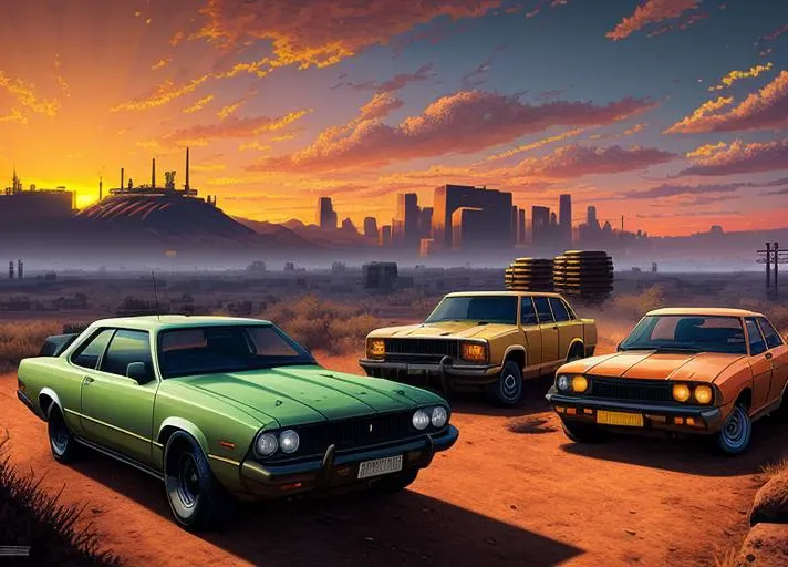 masterpiece, best quality,pixel art,low contrast,wasteland, sunset, cars, spikes, battle <lora:C64graph:0.8>