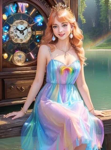 1girl, ((cinematic light)), colorful, hyper detail, dramatic light, intricate details, best quality, (extremely detailed CG unity 8k wallpaper, masterpiece, best quality, ultra-detailed, best shadow), (detailed background:1.4), (beautiful detailed face, beautiful detailed eyes), High contrast, (best illumination, an extremely delicate and beautiful),(girl:1.5), cowboy shot, masterpiece, (((best quality))) (((PERFECT QUALITY))), (((highly detail eyes))), (((highly detail))), (((((perfect eyes))))), (((((((beautiful eyes))))))), both eyes are the same, smooth, (((((perfect face))))), ((((extremely detailed 8K)))), high resolution, ultra quality, glare, Iridescent, Global illumination, real hair movement, realistic light, realistic shadow, perfect quality, detailed shadow and light, pixar, ((FANTASY)), ((MAGIC)), 3D, ((HIPER quality)), (((2K, 3K, 5K, 6K, 7K, 8K,))), ((detailed, good quality))
(((cute and delicate girl SITTING ON THE BRIDGE)))), ((light orange hair))), ((long hair)), ((kawaii)), ((((cute eyes)))) , ((kawaii eyes))
((((Princess)))), (((Princess crown))),
((((Long detailed glitter RAINBOW COLORFULL feather crystal princess dress)))), ((((((LONG BIG RAINBOW COLORFULL chic princess dress))))))
((shiny crystal shoes)), ((gold accessories, gold earrings, flower accessories, pearl accessories)),((happy expression)),
((SHINES, SPARKLES)), GOLD, ((sparkles)), ((shiny butterflies flying)), (feathers)
LAKE, BRIDGE, (((((CLOCK))))), MIRROR WATER, (((((FLOWERS IN THE LAKE))))), FOUNTAIN, (((LIGHTS SHINING IN THE LAKE))), BUSHES, NATURE
(((WOOD, BLUE CRYSTALS ON WOOD, PEARLS ON WOOD))), (((blue crystals))), ((((MAGIC LIBRARY)))), (((FOREST)))
(((((magical ancient place)))))