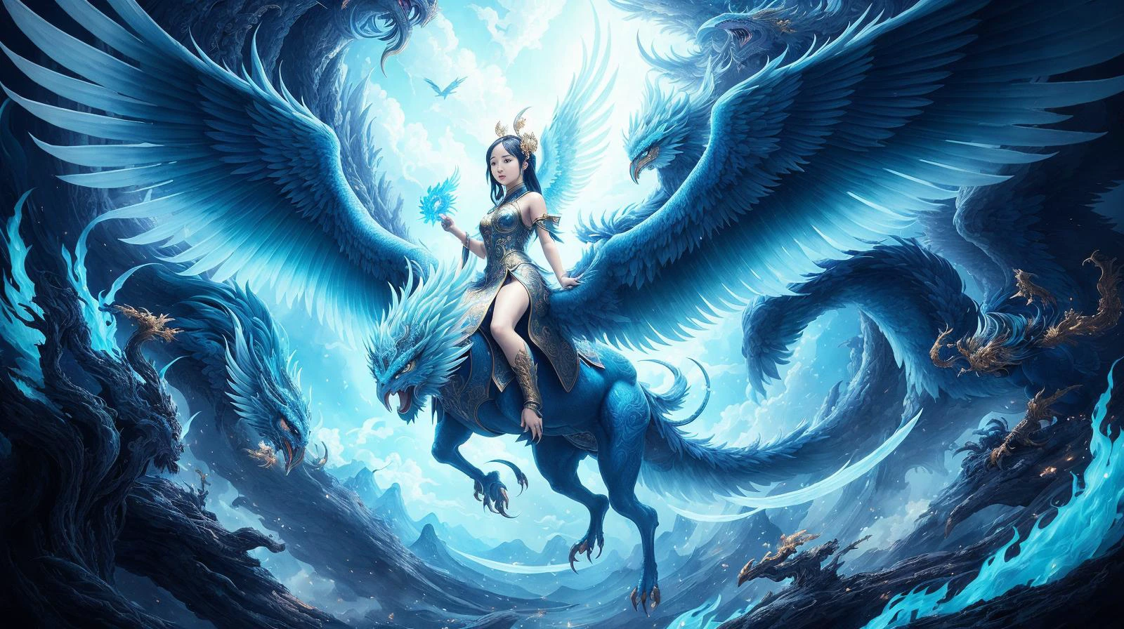 (one chinese girl on a phoenix beast),dark white and sky-blue, imaginative illustration, meticulous details, mythological references, fresco paintings, otherworldly beings, dark white and aquamarine, high resolution,unique illustrations,dense composition, detailed painting, ultrafine detail,
hdr, (photorealism, masterpiece quality, best quality), pureerosface_v1