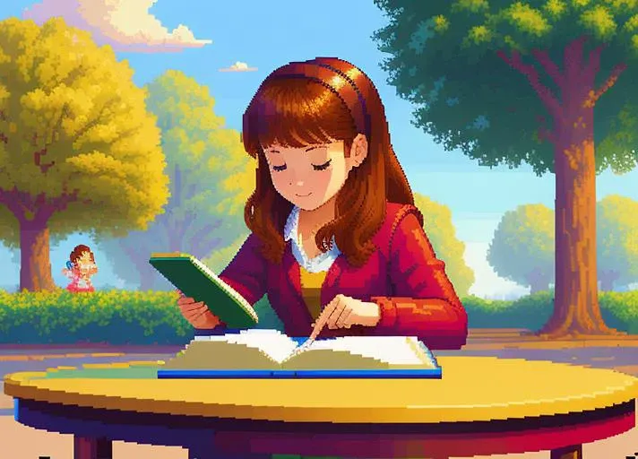 masterpiece, best quality,pixel art,1girl writing a book in a park table