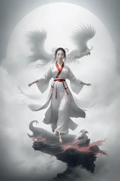 1 girl,(white Chinese robe),
In a captivating scene, a beautiful woman adorned in a flowing white Chinese robe soars through the misty clouds on the back of a majestic Chinese phoenix. The wind gently lifts her robe, accentuating the sense of flight as they gracefully navigate the ethereal cloudscape.