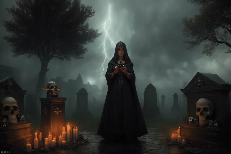 ((Best quality)), ((masterpiece)), ((realistic)), ((beautiful female wizard)) , in a deserted graveyard, during a violent thunderstorm, at midnight, wearing robes and ((holding skulls)), casting spells to summon the spirits of the dead, blood dripping from their fingertips, on eye level, scenic, masterpiece.