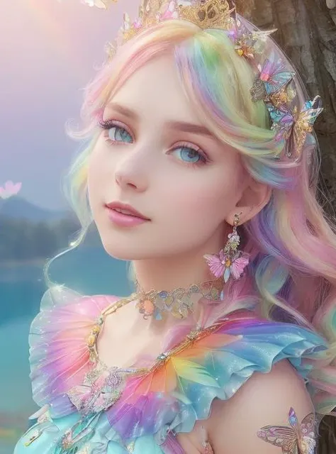 masterpiece, (((best quality))), highly detail eyes, (perfect eyes), beautiful eyes, both eyes are the same, smooth, perfect face, extremely detailed 8K, high resolution, ultra quality, glare, Iridescent, Global illumination, real hair movement, realistic light, realistic shadow, perfect quality, detailed shadow and light, pixar, ((FANTASY)), ((MAGIC)), (sakimichan), ((cinematic light)), colorful, hyperdetail, dramatic light, intricate details, best quality, (extremely detailed CG unit 8k wallpaper, masterpiece, best quality, ultradetailed, best shadow), (detailed background: 1.4), (beautiful and detailed face, beautiful detailed eyes), High contrast, (better lighting, extremely delicate and beautiful) beautiful and detailed brightness, 3D, HIPER quality, 2K, 3K, 5K, 6K, 7K, 8K one young girl, ((((SMOOTHNESS, CLEAN IMAGE)))), ((cute eyes))

pink hair, medium hair, green blue eyes, ((( pastel rainbow colorful dress outfit,))) ((BRILLIANT AND STYLISH DRESS PRINCESS OUTFIT whit SPARKLES)) , ((rainbow feathers)), (((flowers,))) field with blue sky, (((lake))), ((wood bridge)), (((flower))) tiara, pearl earrings, shiny necklace, (((perfect eyes,))), (((each of the tree, butterflies flying))) ((fairy wigs)), rapunzel, rainbow