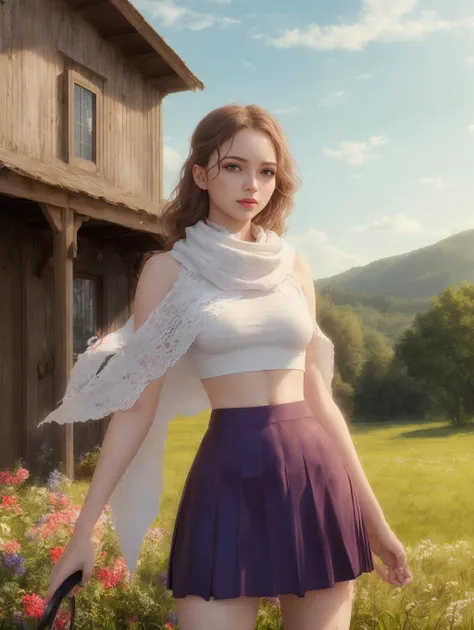 ((best quality)), ((masterpiece)), (detailed), ultra high quality CG, Scherazard, crop top, gauntlets, purple skirt, white shawl, standing, farmhouse, green eyes, rural setting, 4:3 aspect ratio, vibrant colors