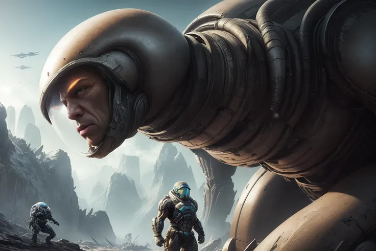 strong man, masterpiece, ultra marine, (metal reflections), hdr, best quality, uhd, 8k resolution, best light, realistic, detailed background, detailed face, detailed hands, full body, (epic warzone), (alien planet)